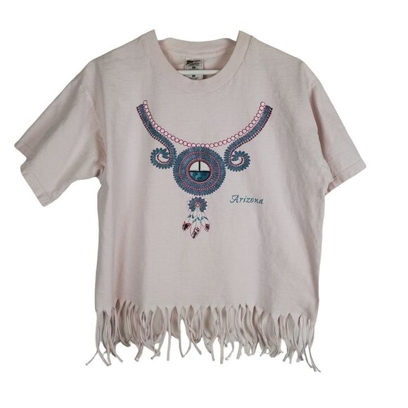 FRUIT of the Loom L‎ Arizona Pink Cropped T-shirt Southwest Fringe Crewneck - Picture 1 of 7